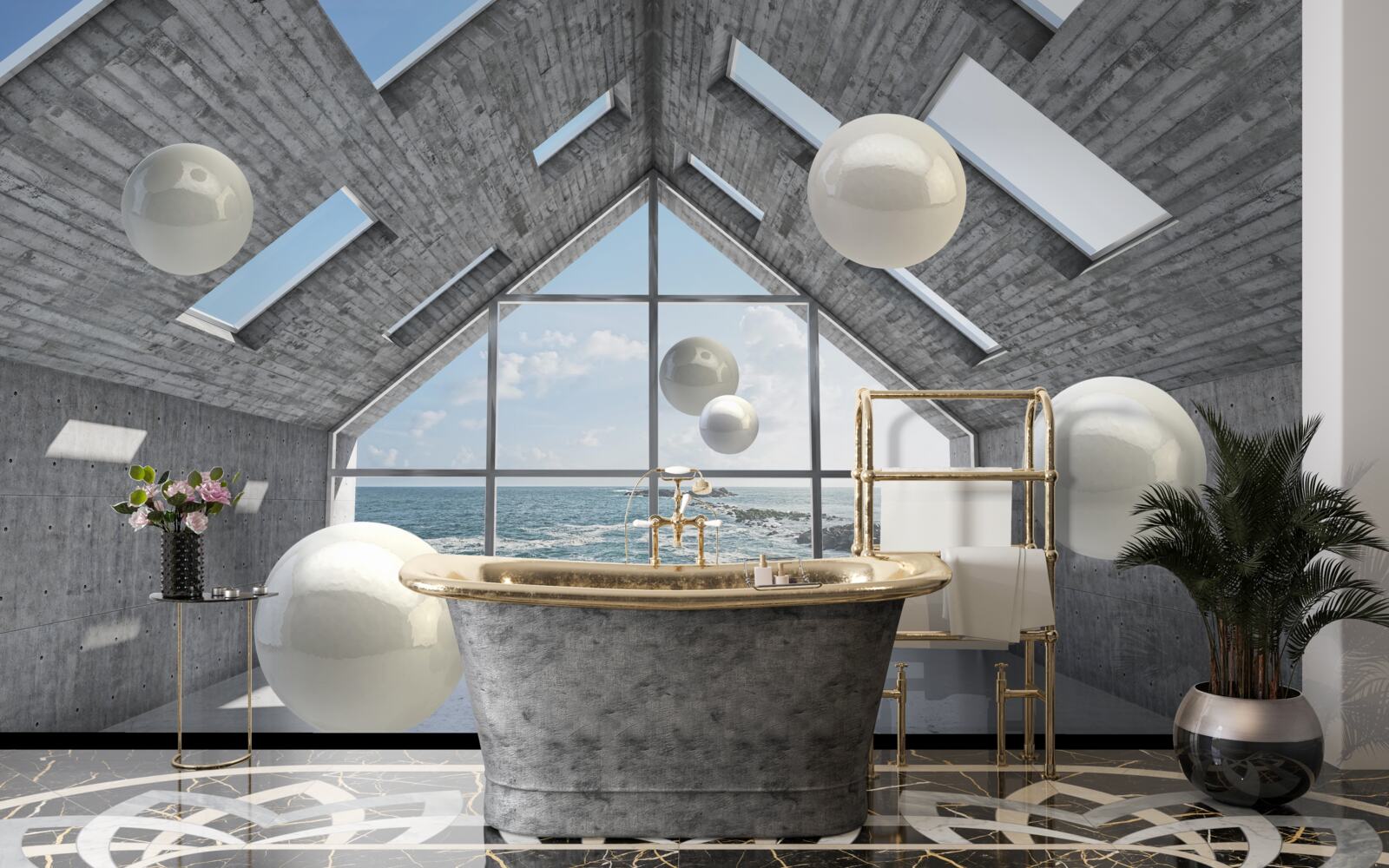 Fototapeta pływające kuliste perły wewnątrz szarego budynku