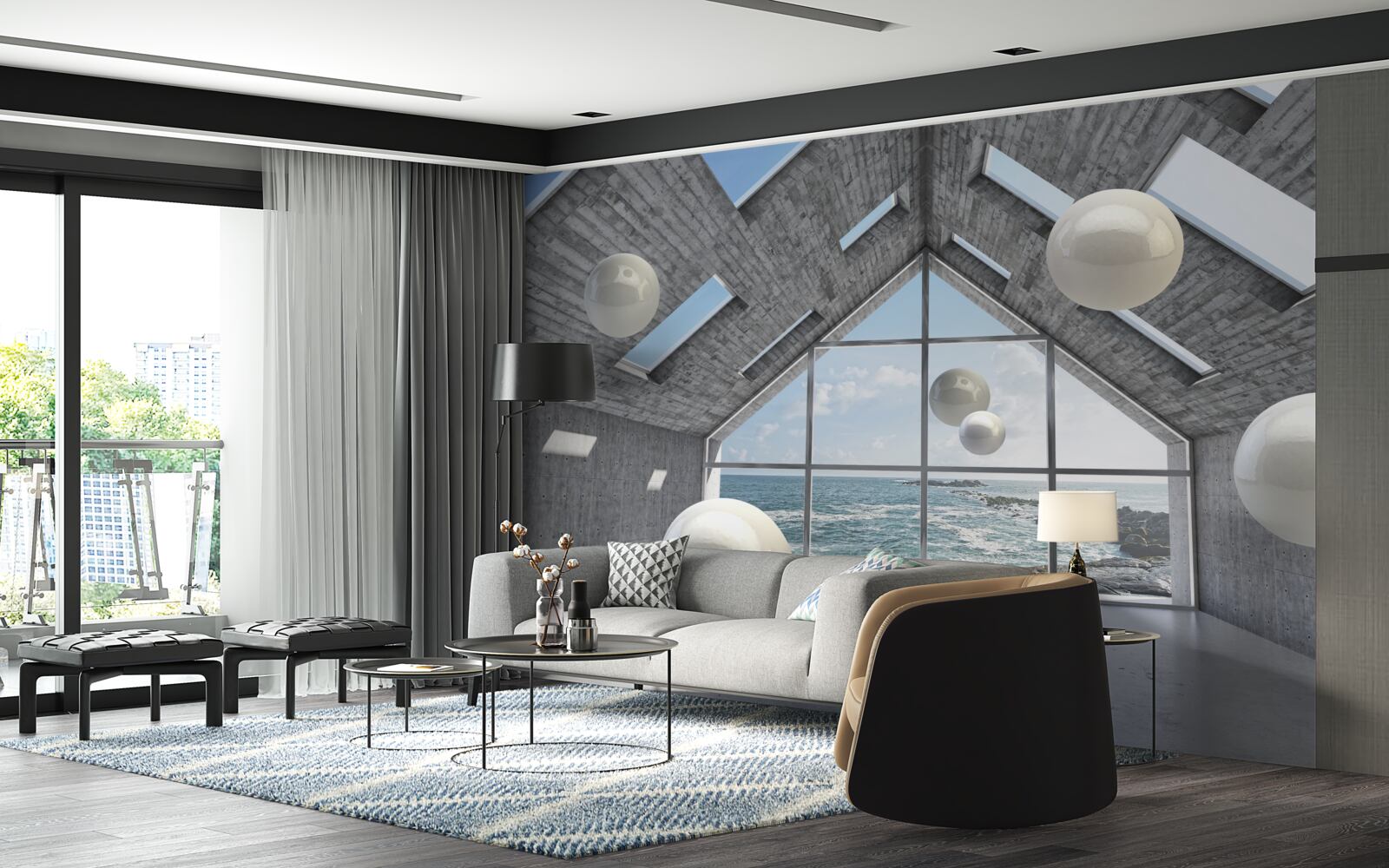 Fototapeta pływające kuliste perły wewnątrz szarego budynku