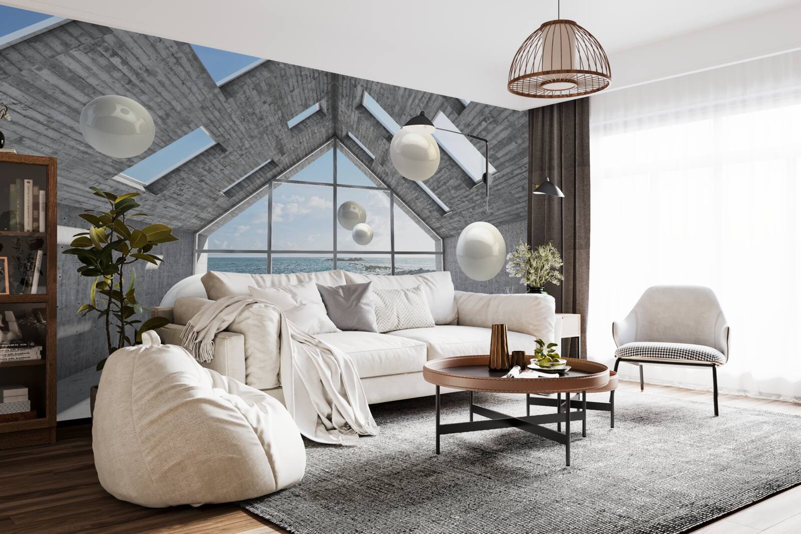 Fototapeta pływające kuliste perły wewnątrz szarego budynku