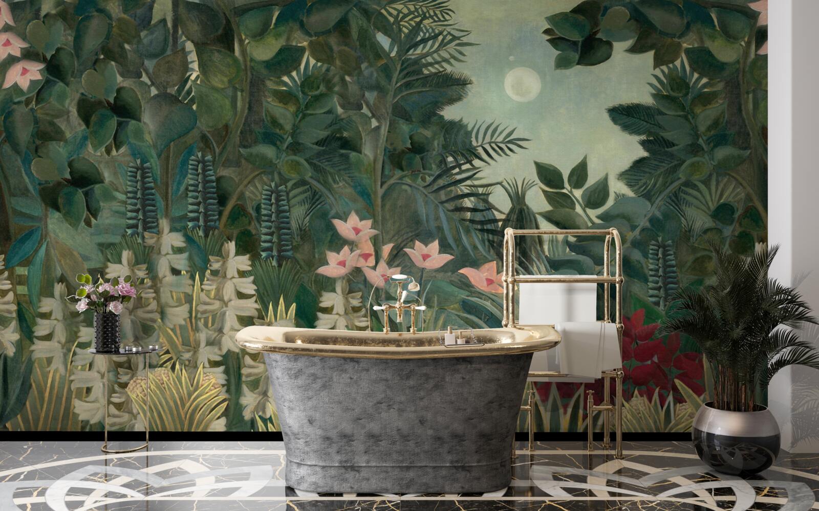 Fototapeta księżyc świeci na nocnym niebie nad zielonym lasem tropikalnym