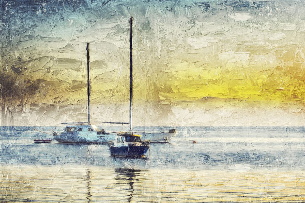 Fototapeta zachód słońca barwi jachty w zatoce