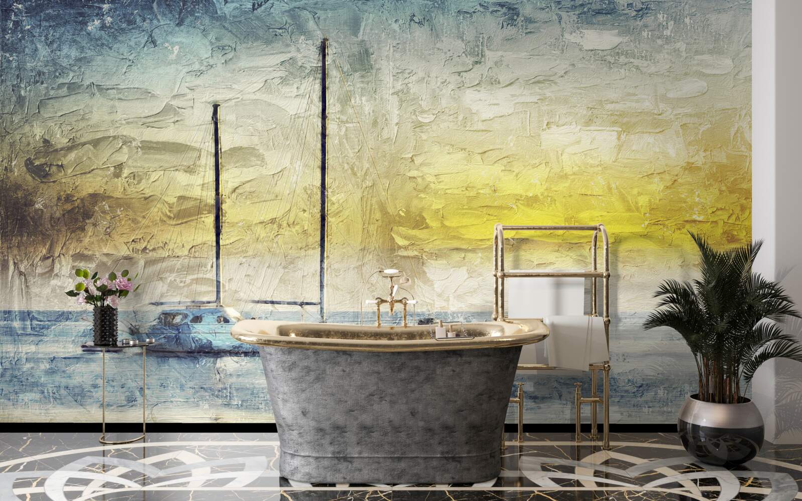 Fototapeta zachód słońca barwi jachty w zatoce