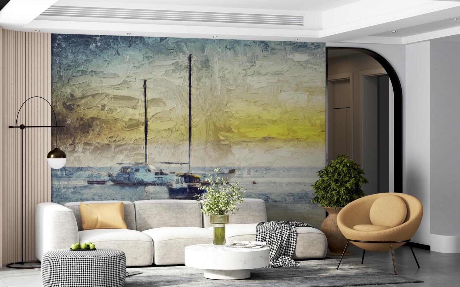 Fototapeta zachód słońca barwi jachty w zatoce