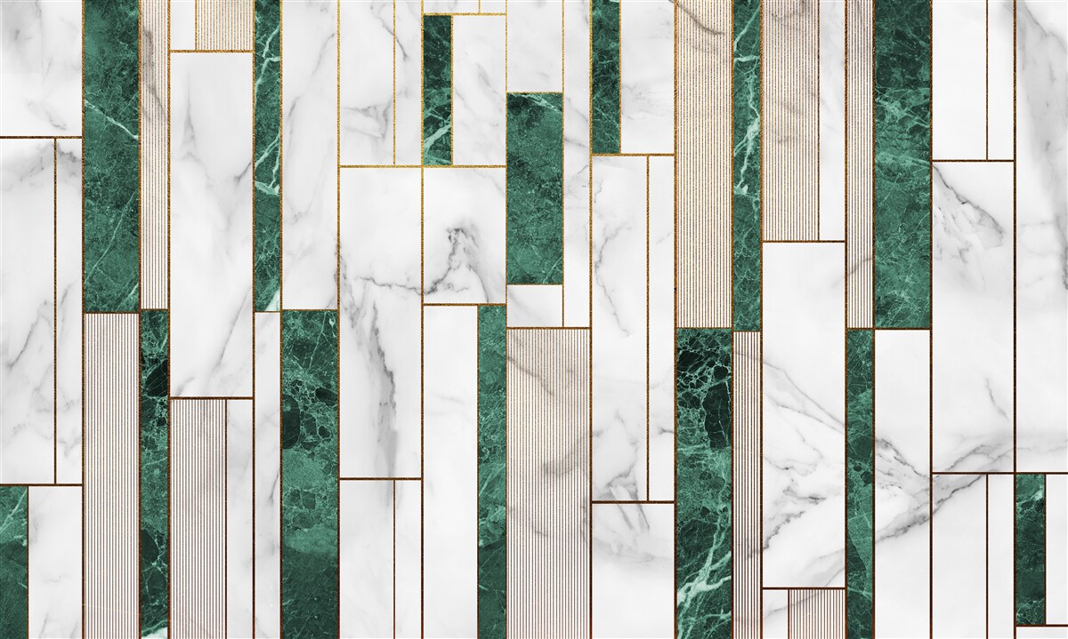 Fototapeta białe i zielone płytki w orientacji pionowej ze złotymi akcentami