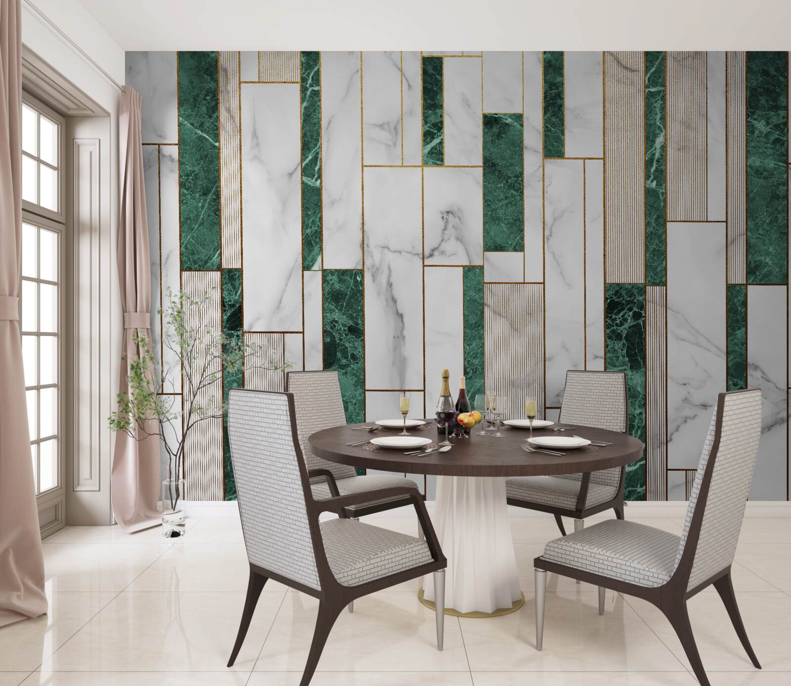 Fototapeta białe i zielone płytki w orientacji pionowej ze złotymi akcentami