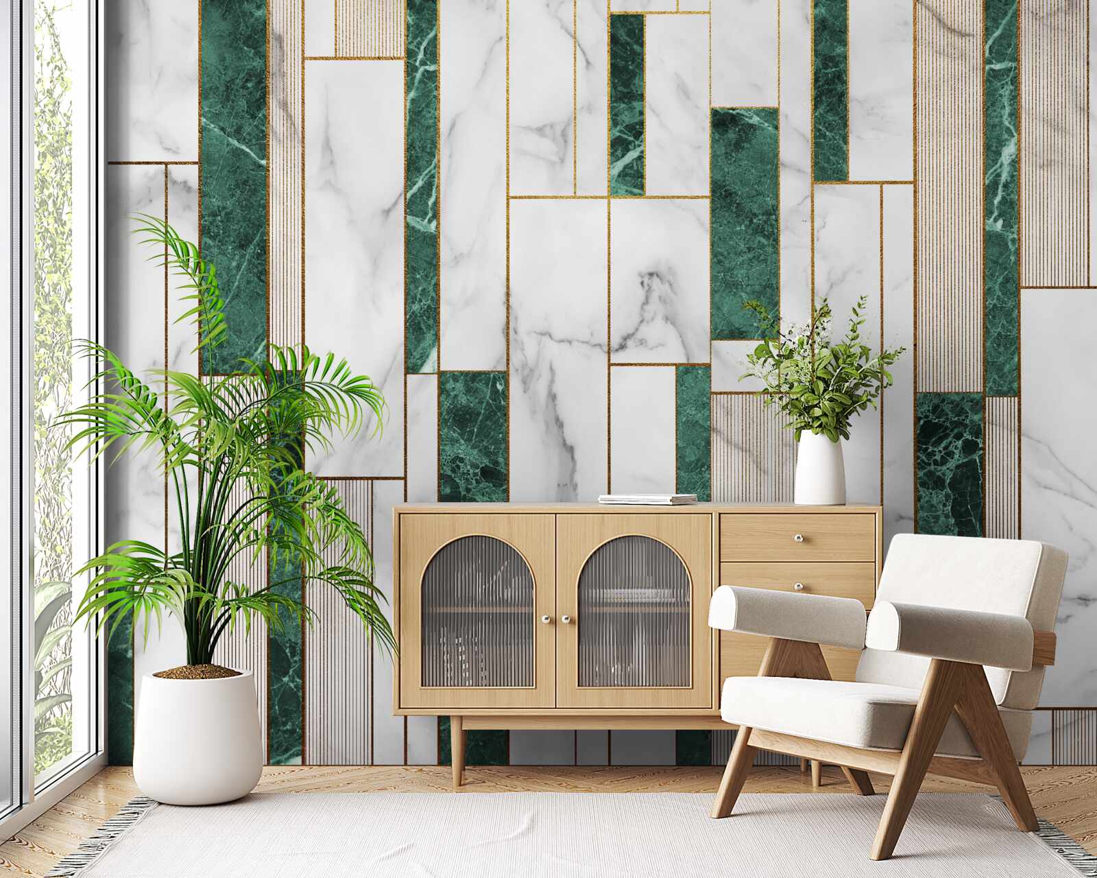 Fototapeta białe i zielone płytki w orientacji pionowej ze złotymi akcentami