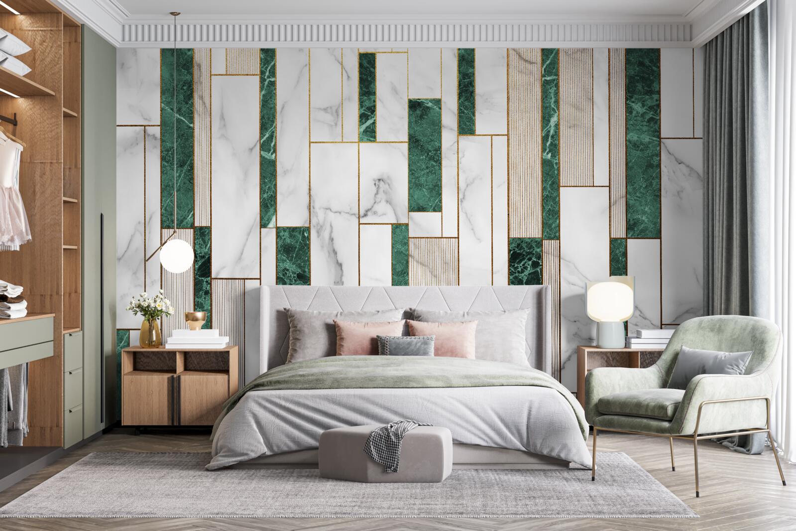 Fototapeta białe i zielone płytki w orientacji pionowej ze złotymi akcentami