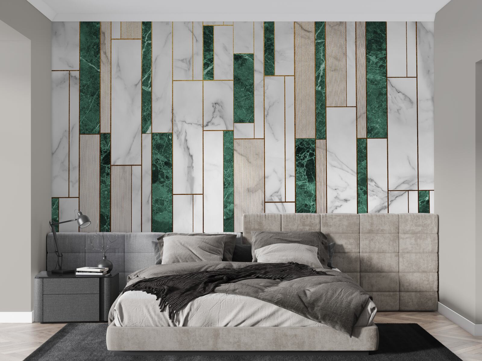 Fototapeta białe i zielone płytki w orientacji pionowej ze złotymi akcentami