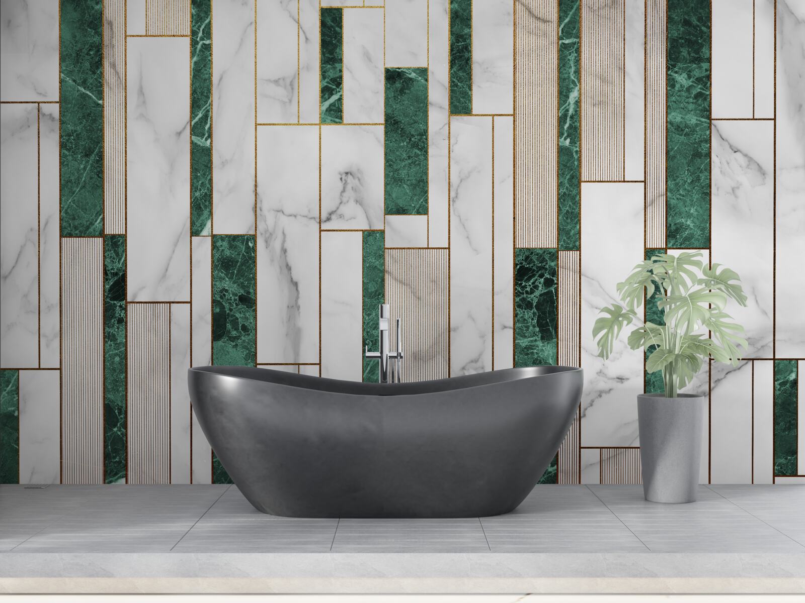 Fototapeta białe i zielone płytki w orientacji pionowej ze złotymi akcentami