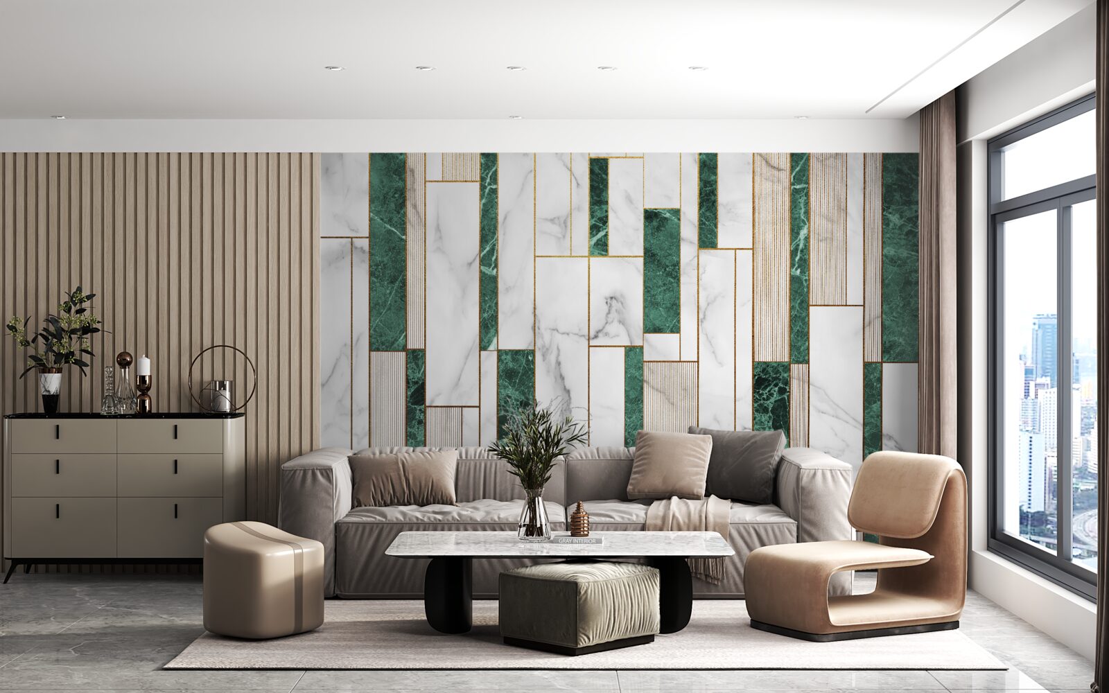 Fototapeta białe i zielone płytki w orientacji pionowej ze złotymi akcentami