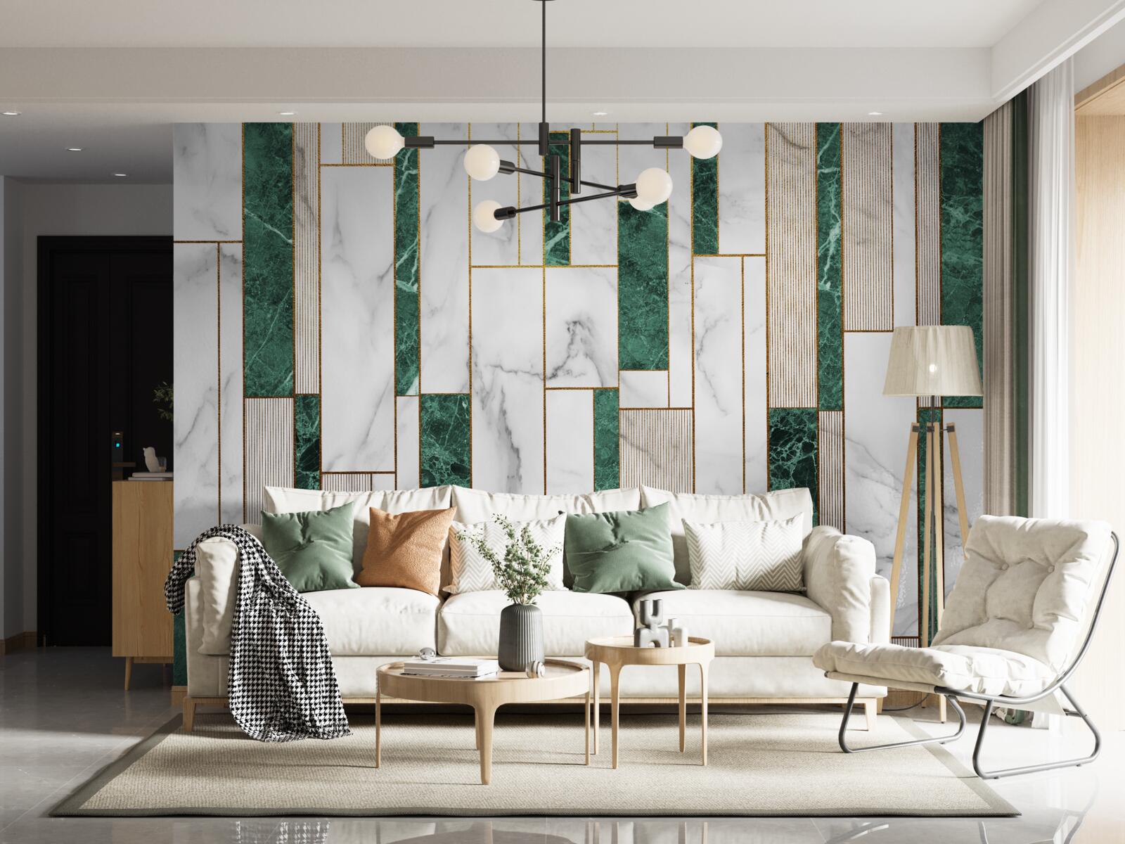 Fototapeta białe i zielone płytki w orientacji pionowej ze złotymi akcentami