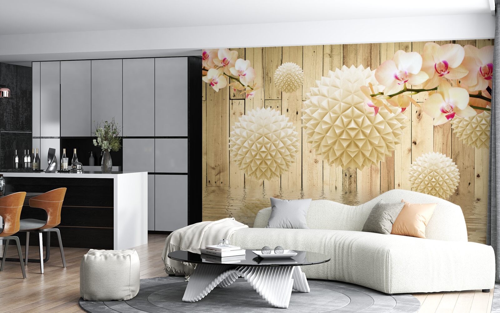 Fototapeta pływające okrągłe kształty z gałęziami orchidei