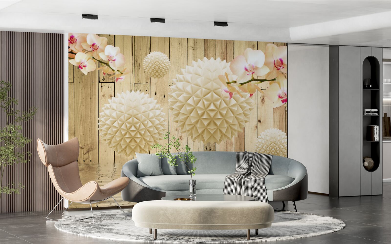 Fototapeta pływające okrągłe kształty z gałęziami orchidei