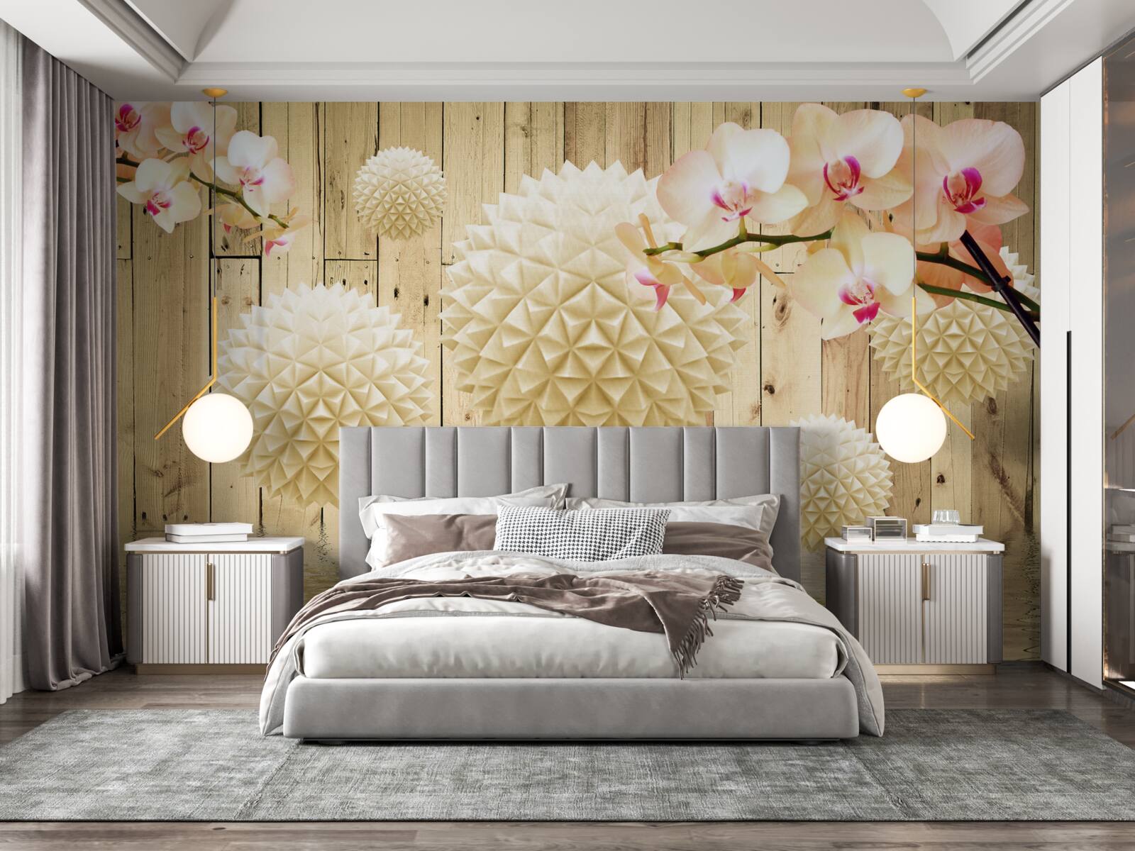 Fototapeta pływające okrągłe kształty z gałęziami orchidei