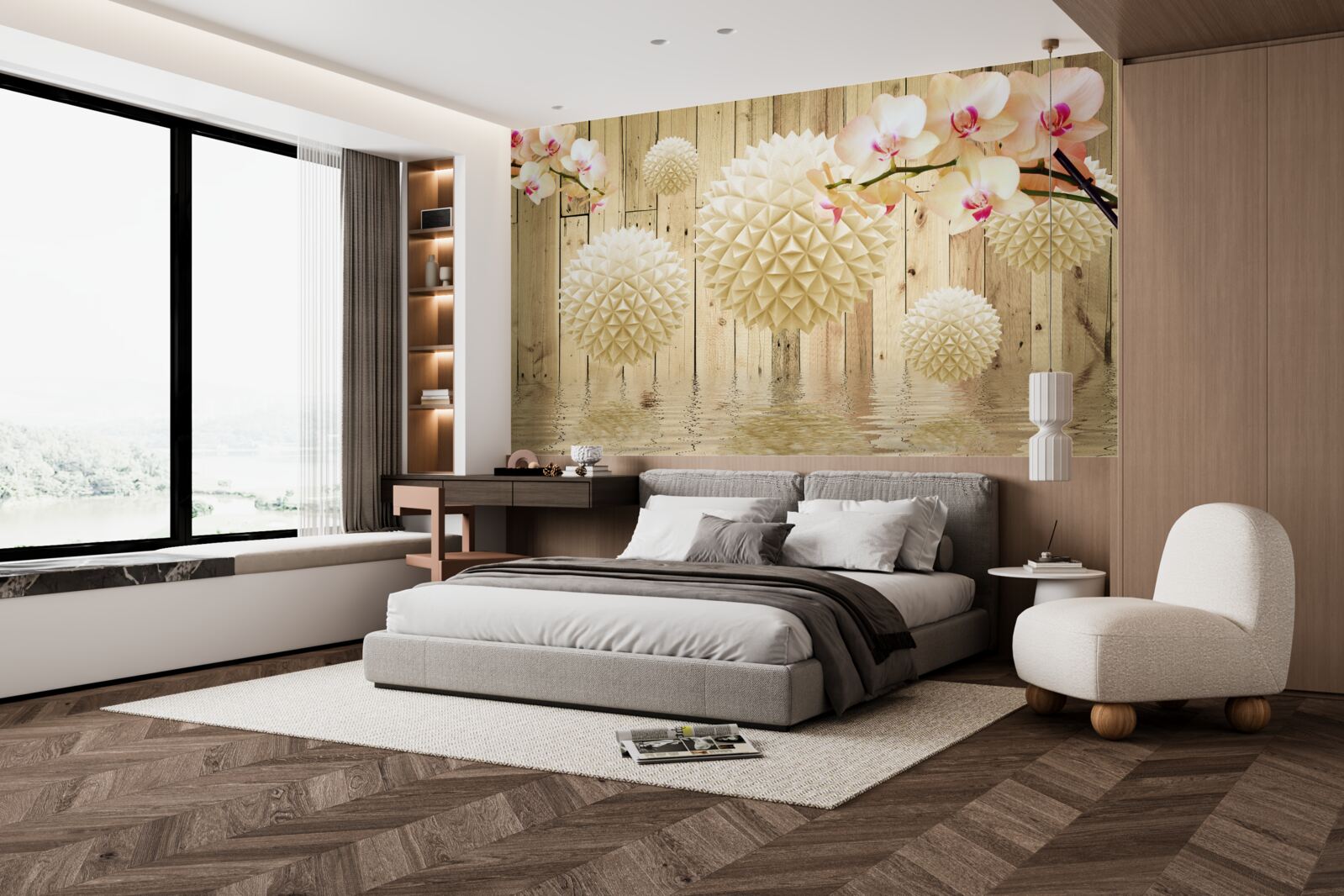 Fototapeta pływające okrągłe kształty z gałęziami orchidei