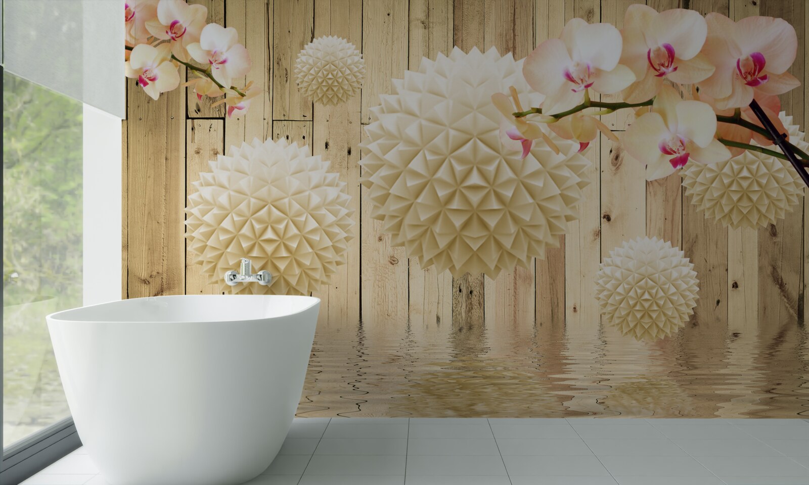 Fototapeta pływające okrągłe kształty z gałęziami orchidei