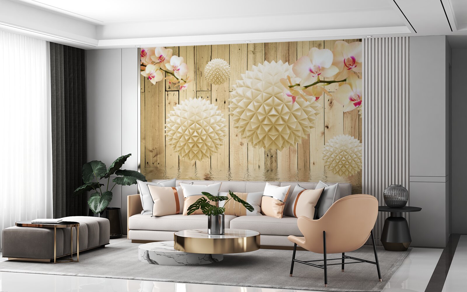 Fototapeta pływające okrągłe kształty z gałęziami orchidei