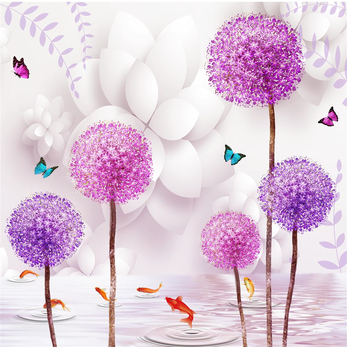 Fototapeta fioletowe jasne mlecze znajdują się w pobliżu wody z motylami