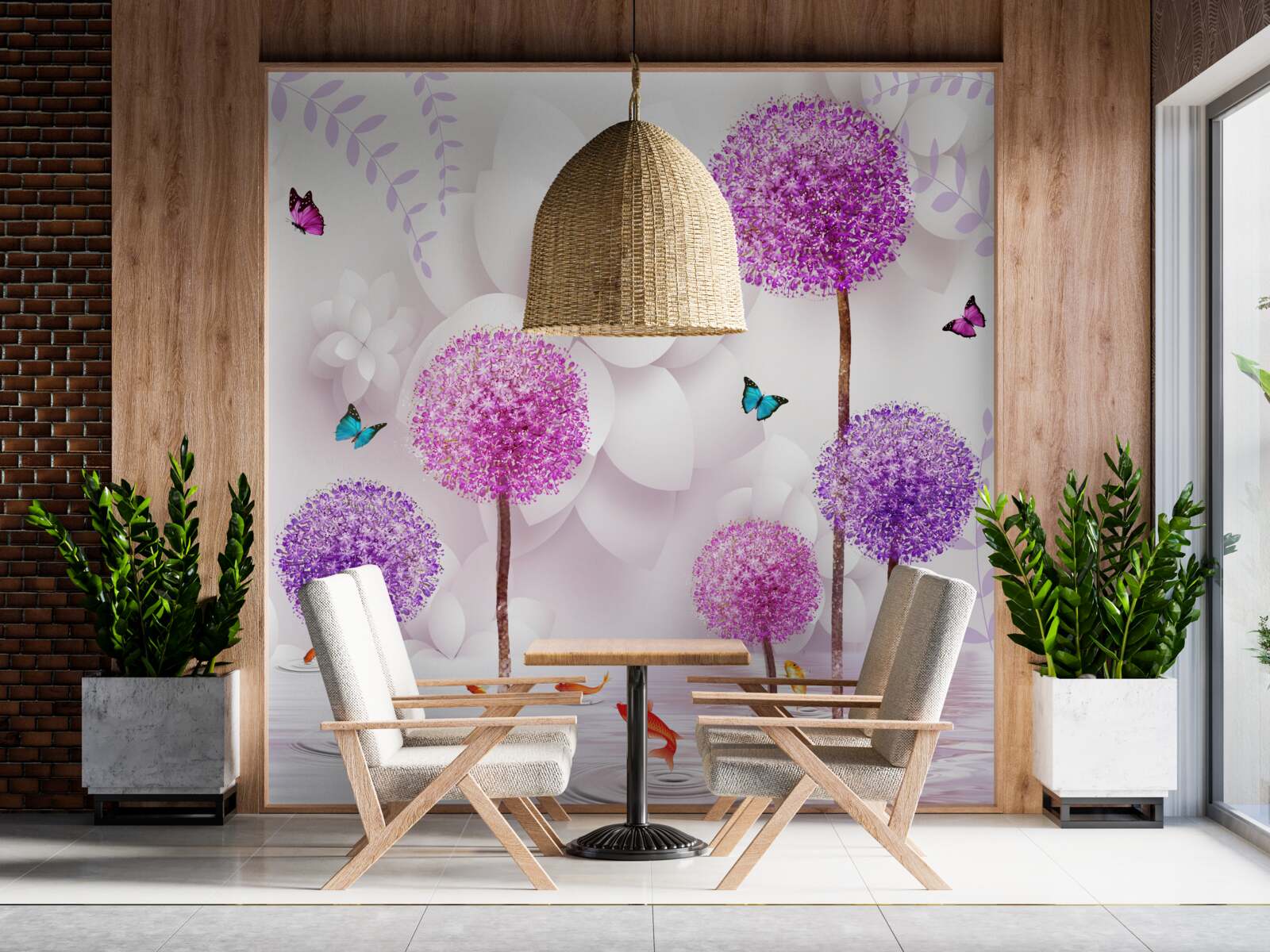 Fototapeta fioletowe jasne mlecze znajdują się w pobliżu wody z motylami