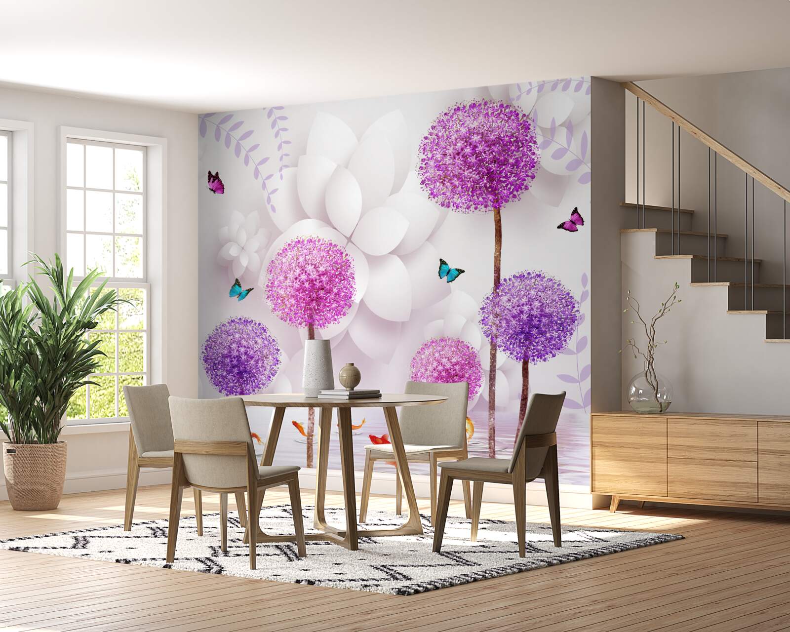 Fototapeta fioletowe jasne mlecze znajdują się w pobliżu wody z motylami