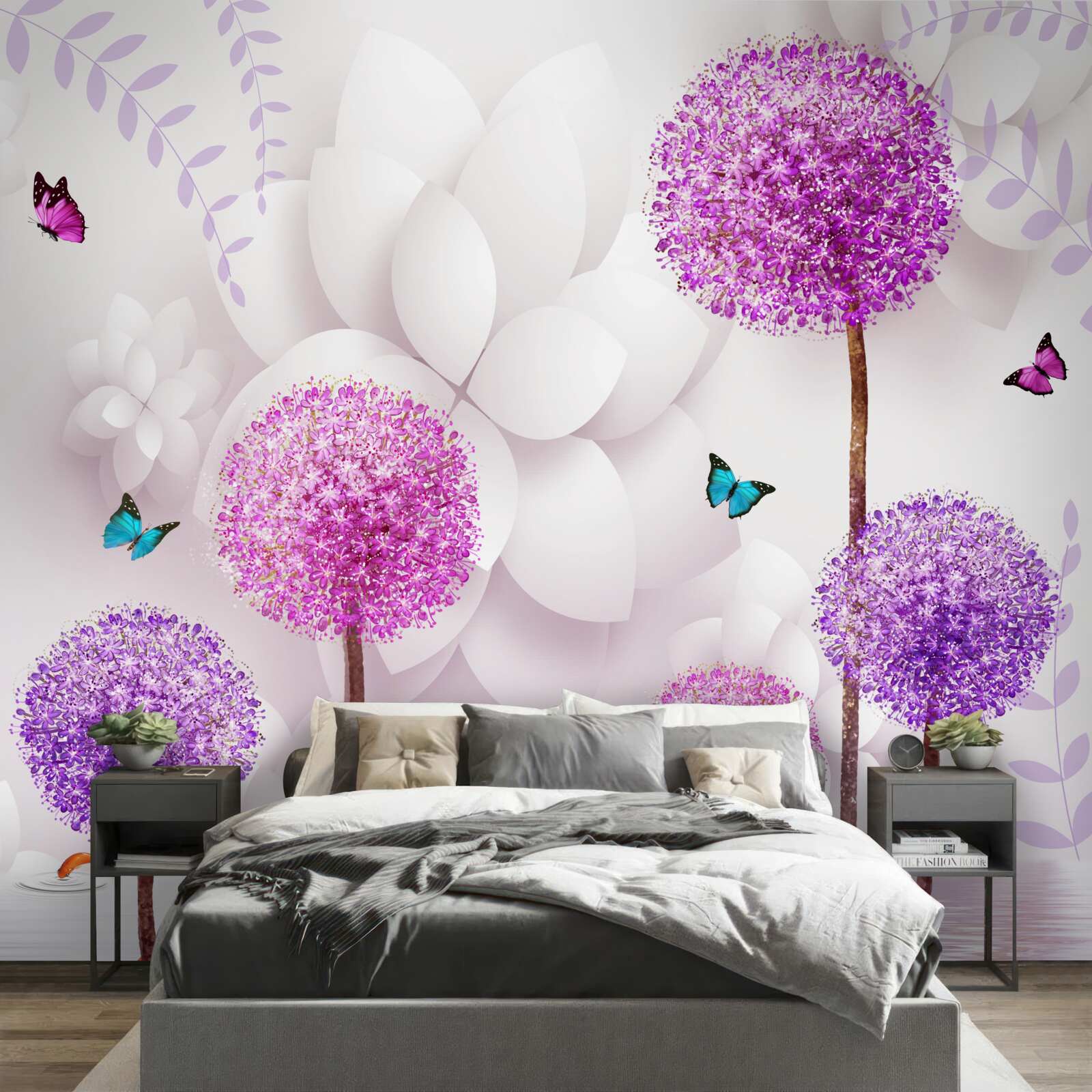 Fototapeta fioletowe jasne mlecze znajdują się w pobliżu wody z motylami