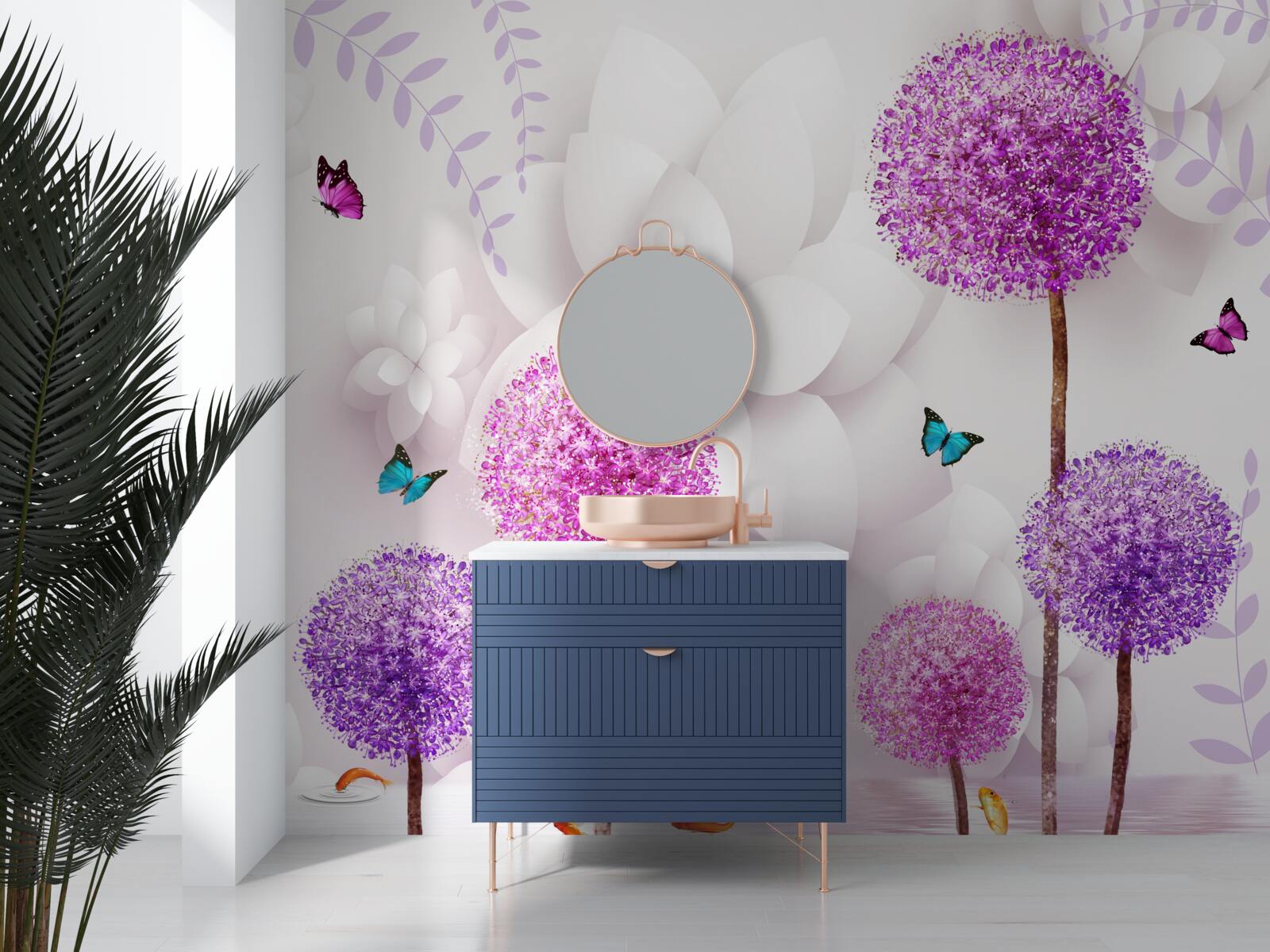 Fototapeta fioletowe jasne mlecze znajdują się w pobliżu wody z motylami