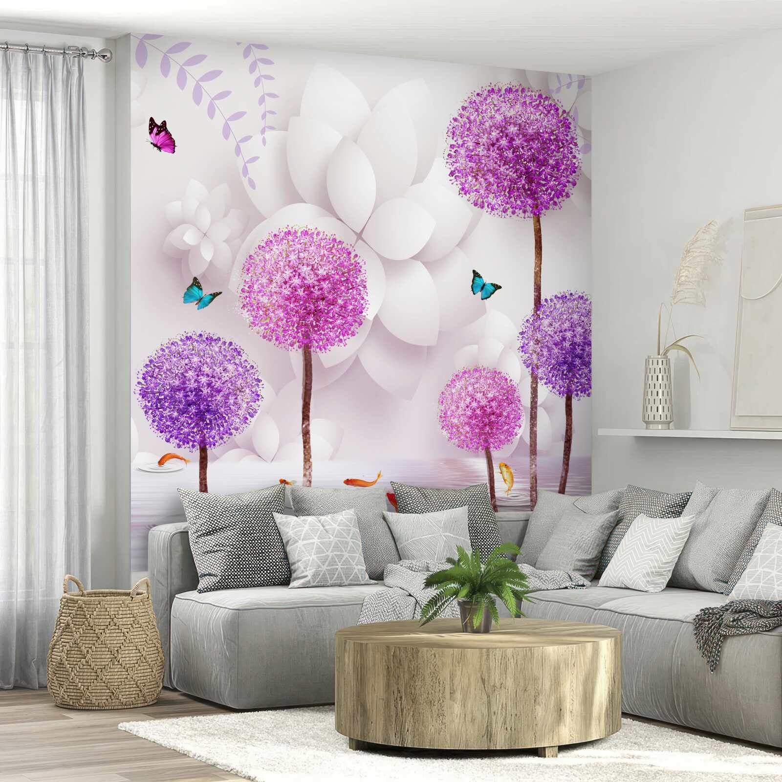 Fototapeta fioletowe jasne mlecze znajdują się w pobliżu wody z motylami