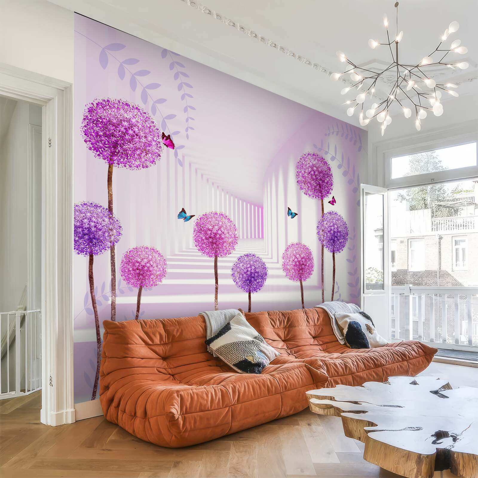 Fototapeta fioletowe mlecze w cofającym się tunelu