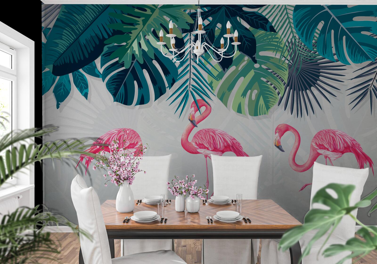 Fototapeta lasy tropikalne z różowymi flamingami