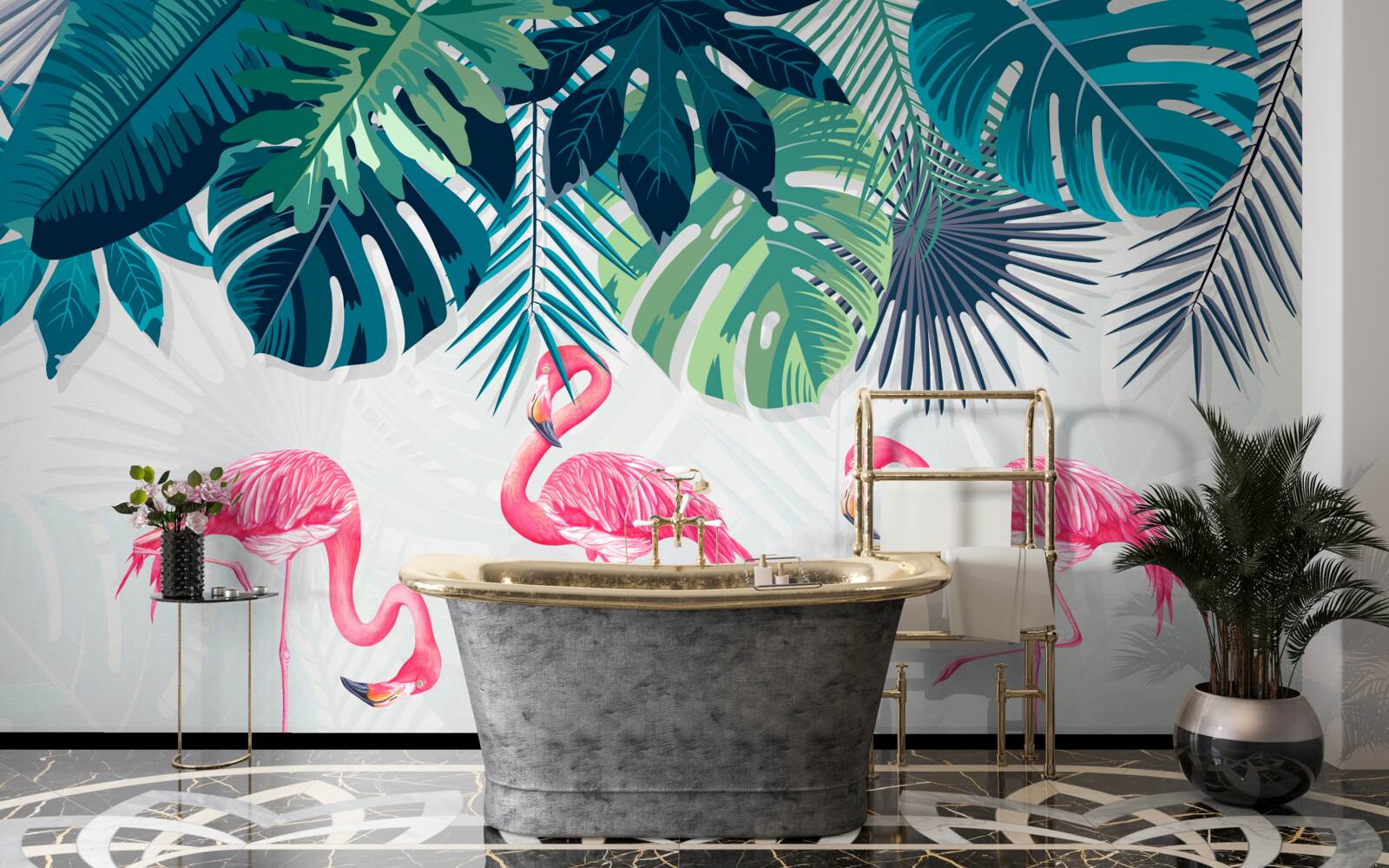 Fototapeta lasy tropikalne z różowymi flamingami