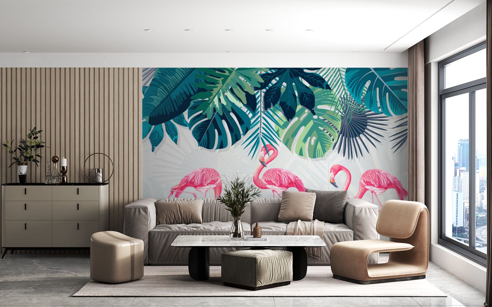 Fototapeta lasy tropikalne z różowymi flamingami