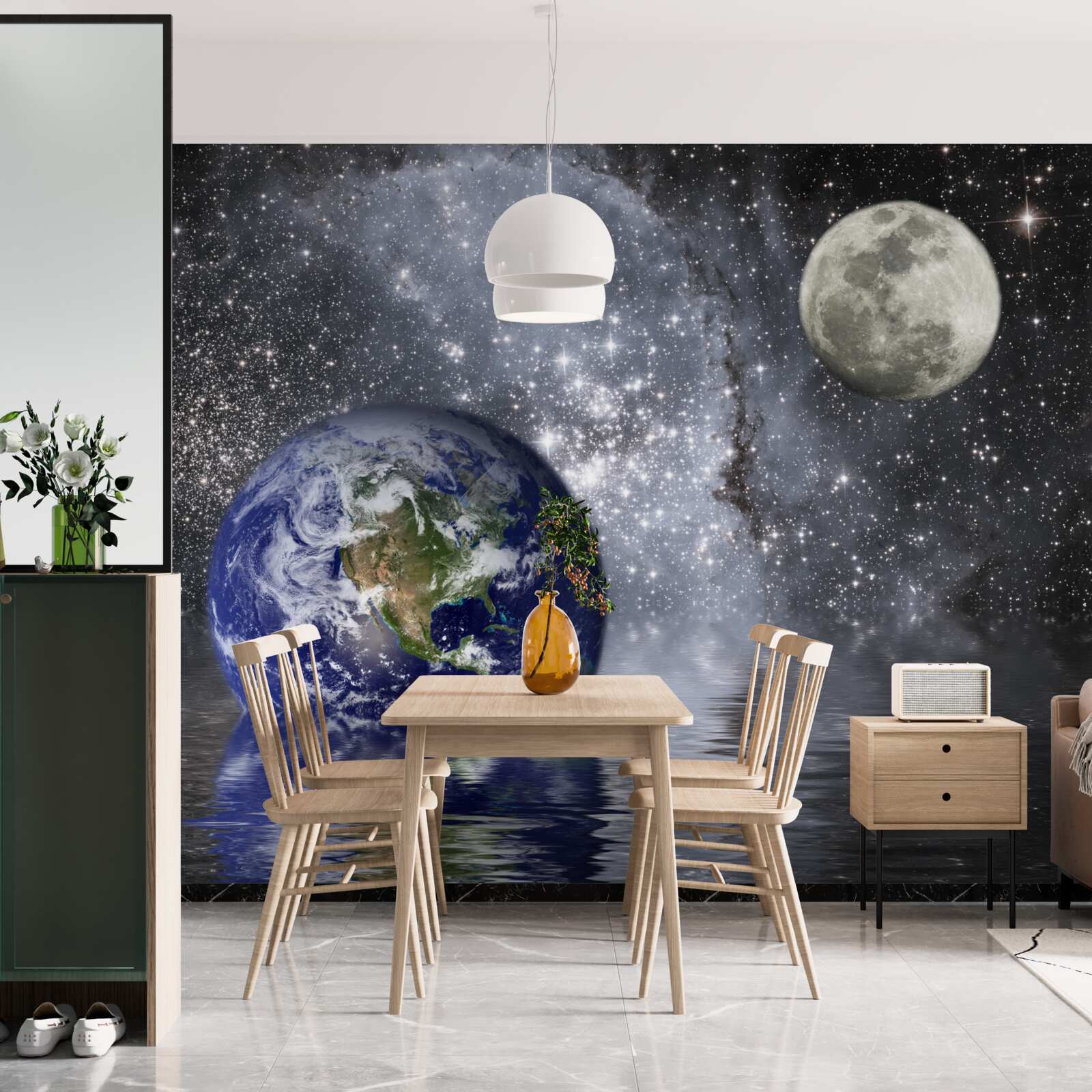 Fototapeta woda otacza ziemię i księżyc w przestrzeni