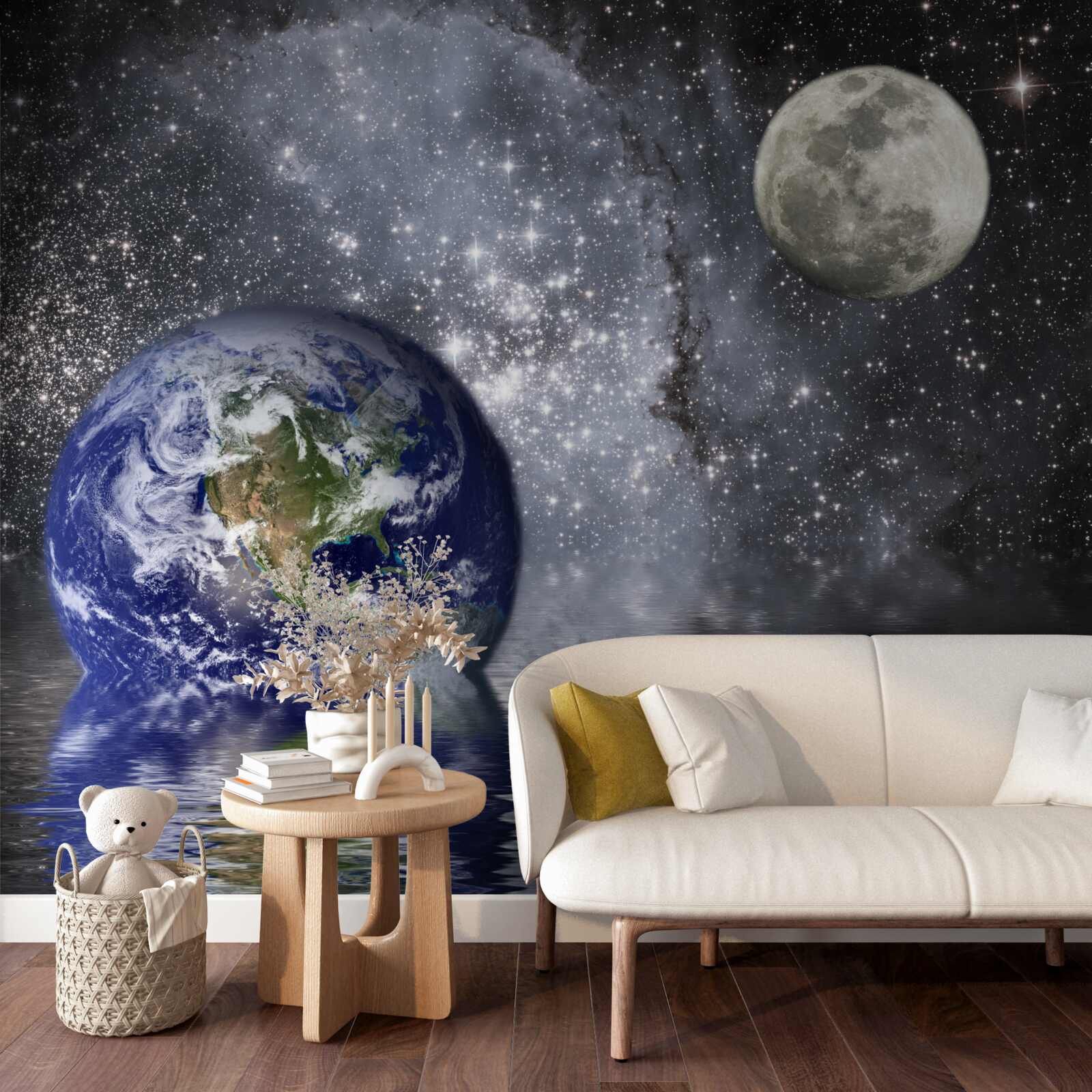 Fototapeta woda otacza ziemię i księżyc w przestrzeni