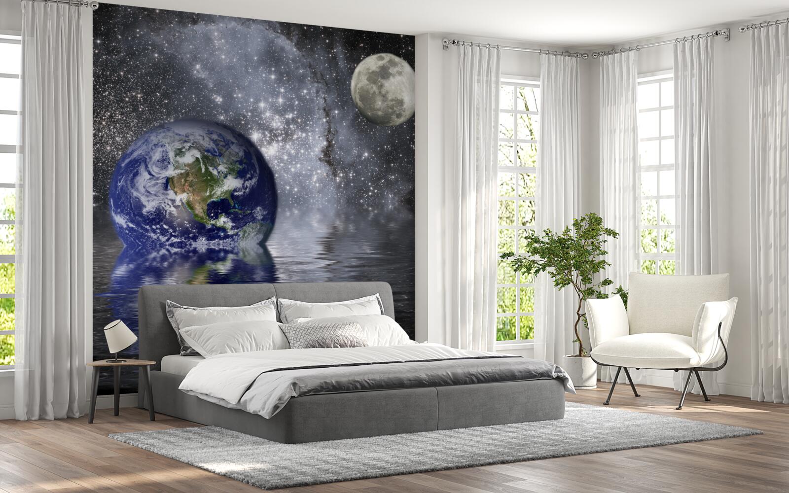 Fototapeta woda otacza ziemię i księżyc w przestrzeni