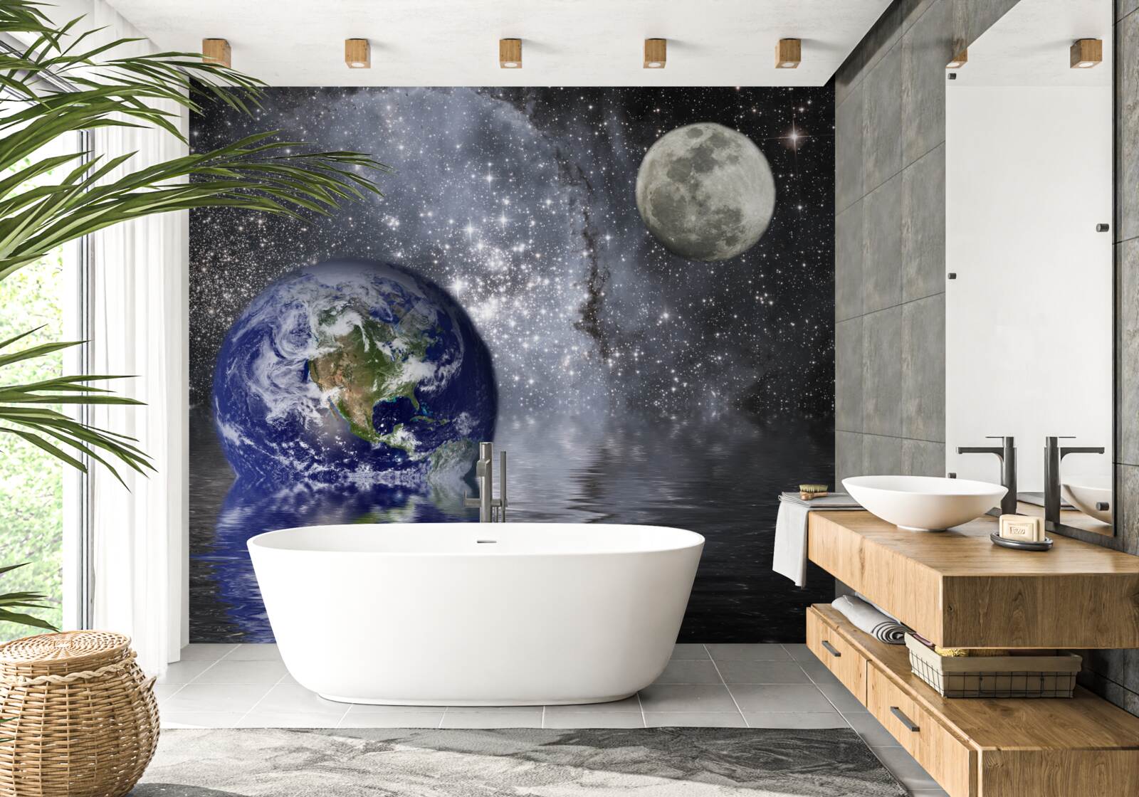 Fototapeta woda otacza ziemię i księżyc w przestrzeni