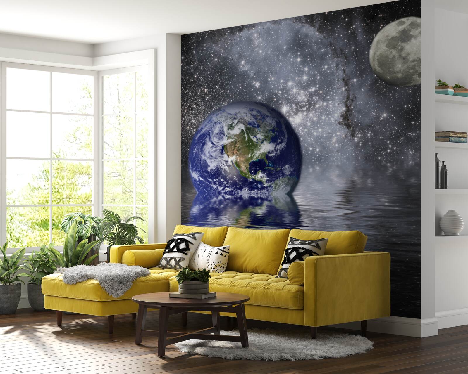 Fototapeta woda otacza ziemię i księżyc w przestrzeni