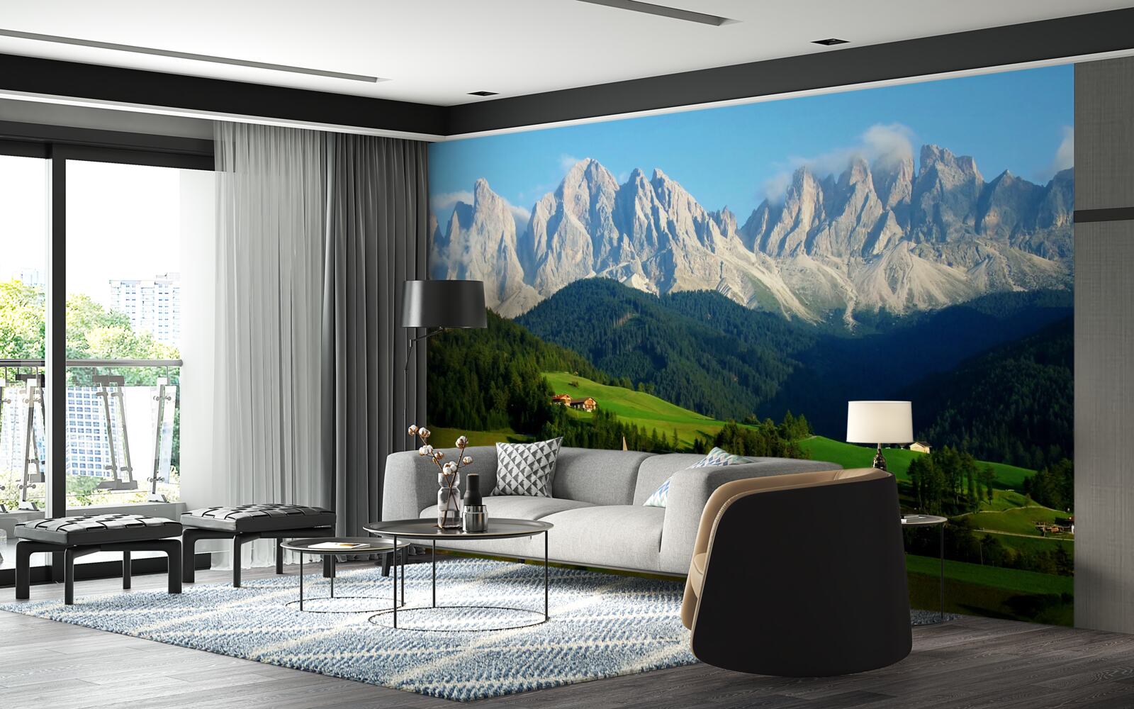 Fototapeta wioska na polanie u podnóża gór