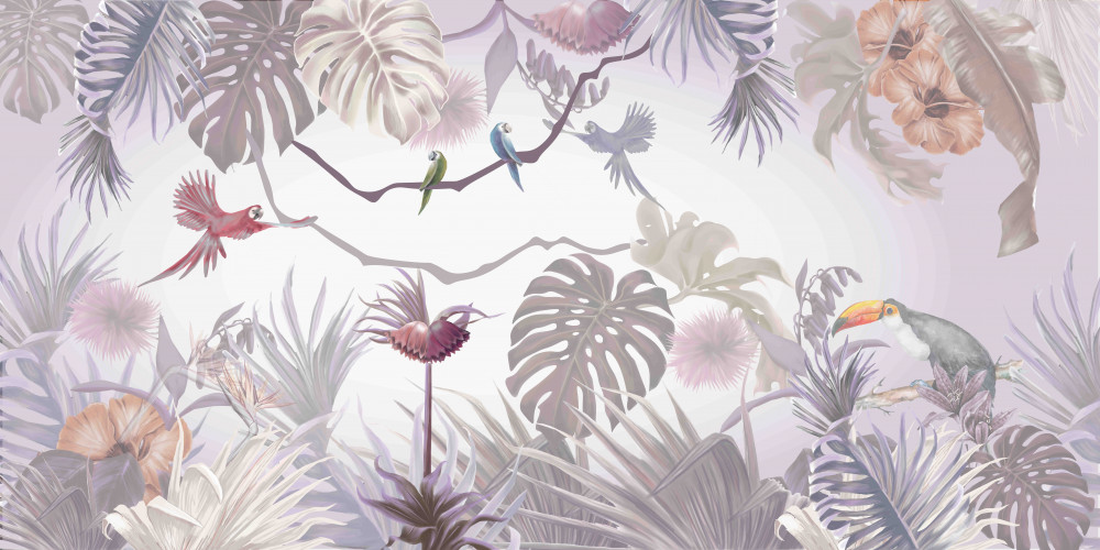 Fototapeta ptaki tukany i papugi wśród liści palmowych