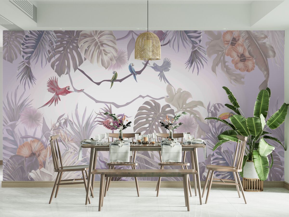 Fototapeta ptaki tukany i papugi wśród liści palmowych