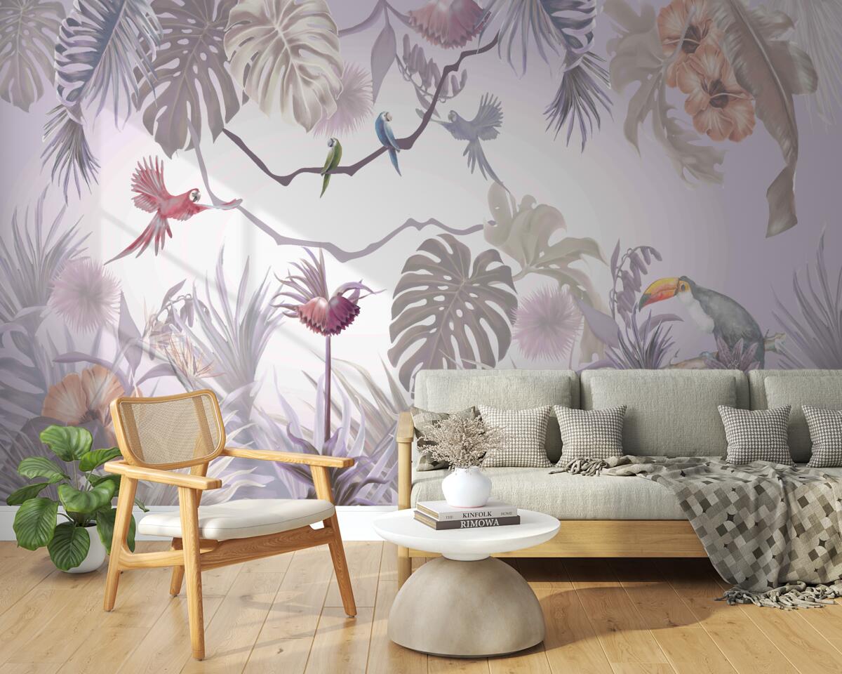 Fototapeta ptaki tukany i papugi wśród liści palmowych