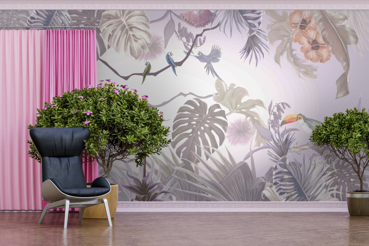 Fototapeta ptaki tukany i papugi wśród liści palmowych