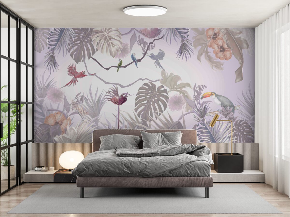 Fototapeta ptaki tukany i papugi wśród liści palmowych