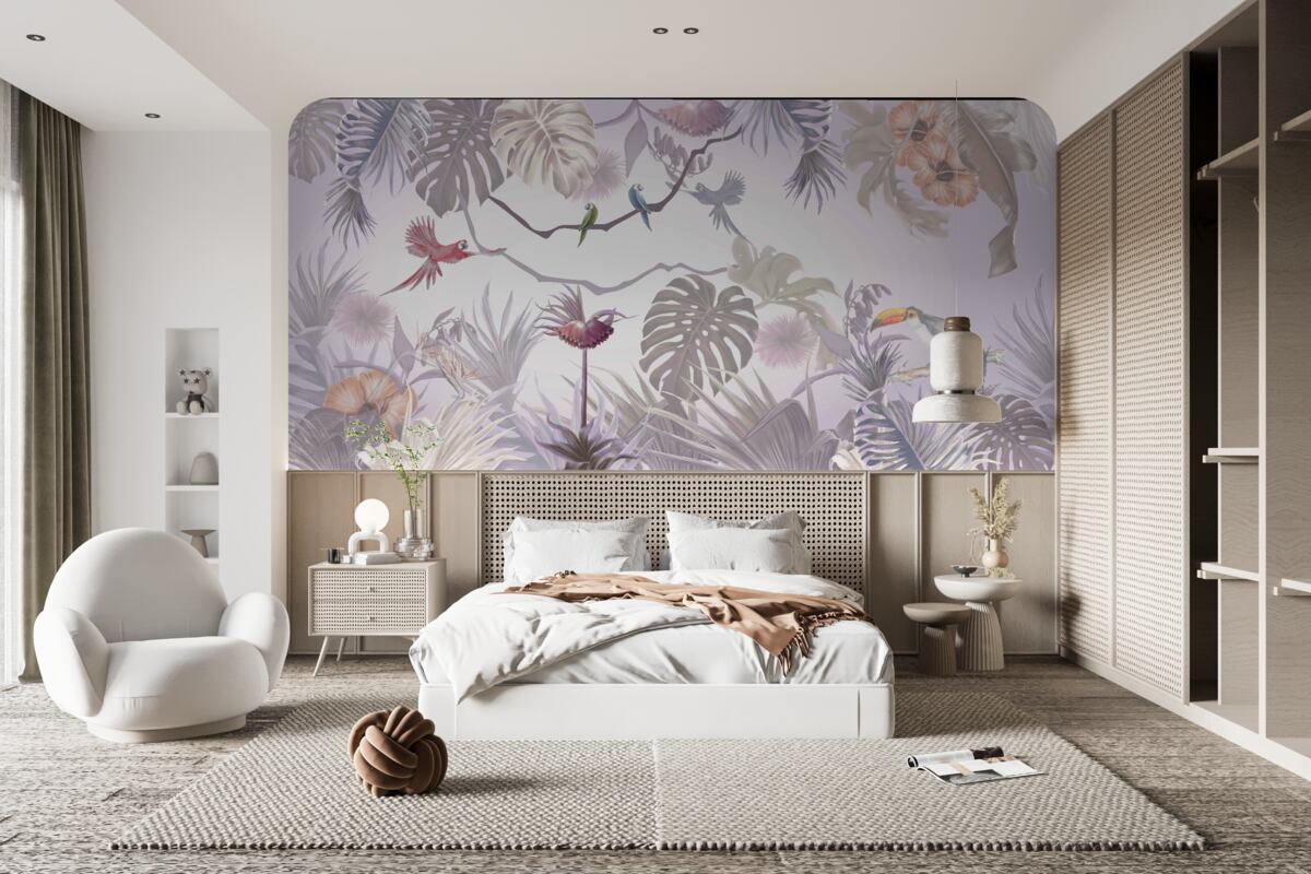 Fototapeta ptaki tukany i papugi wśród liści palmowych