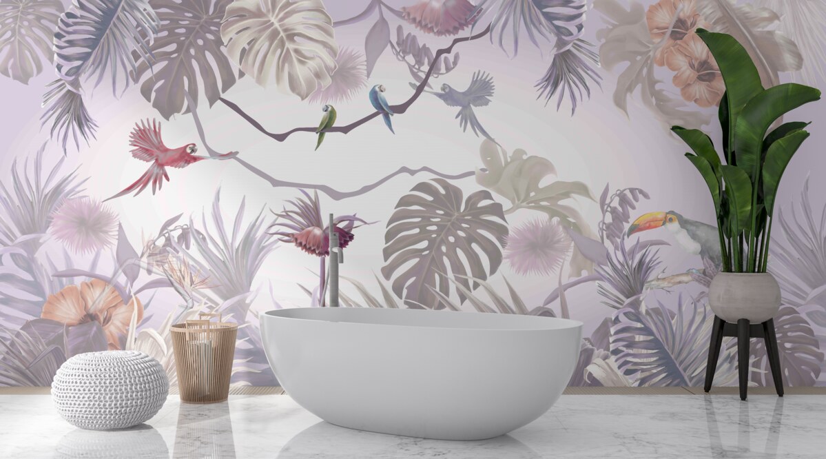 Fototapeta ptaki tukany i papugi wśród liści palmowych