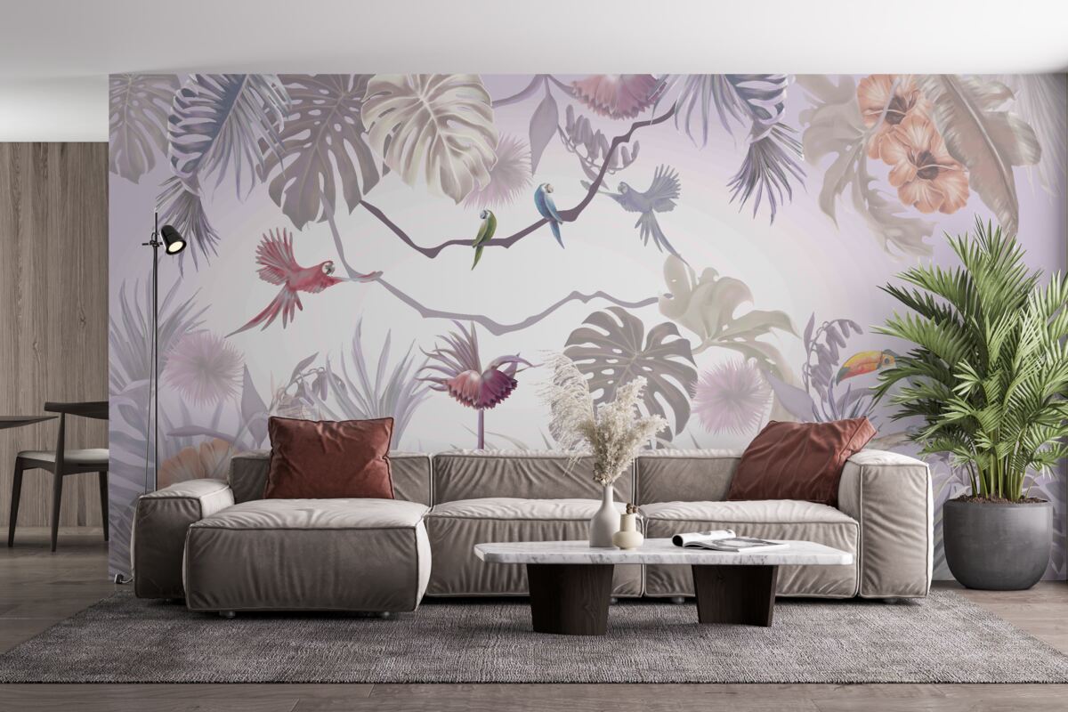 Fototapeta ptaki tukany i papugi wśród liści palmowych