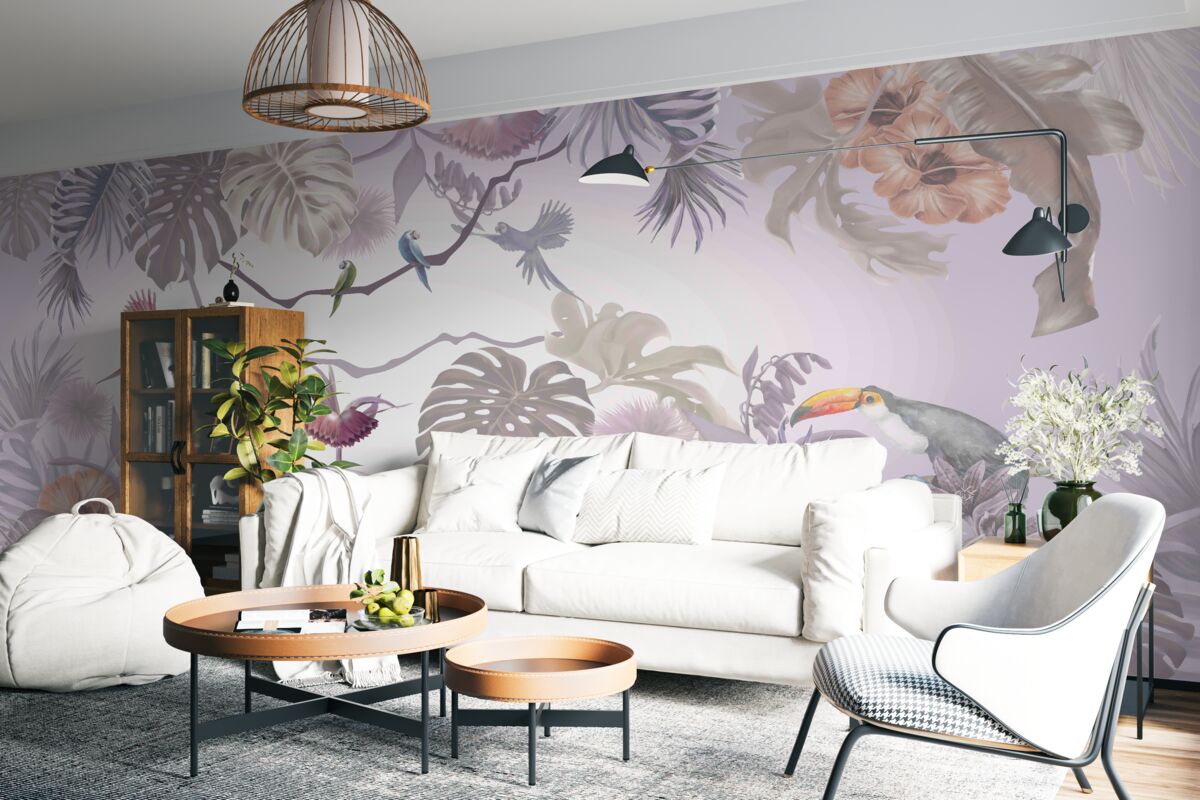 Fototapeta ptaki tukany i papugi wśród liści palmowych