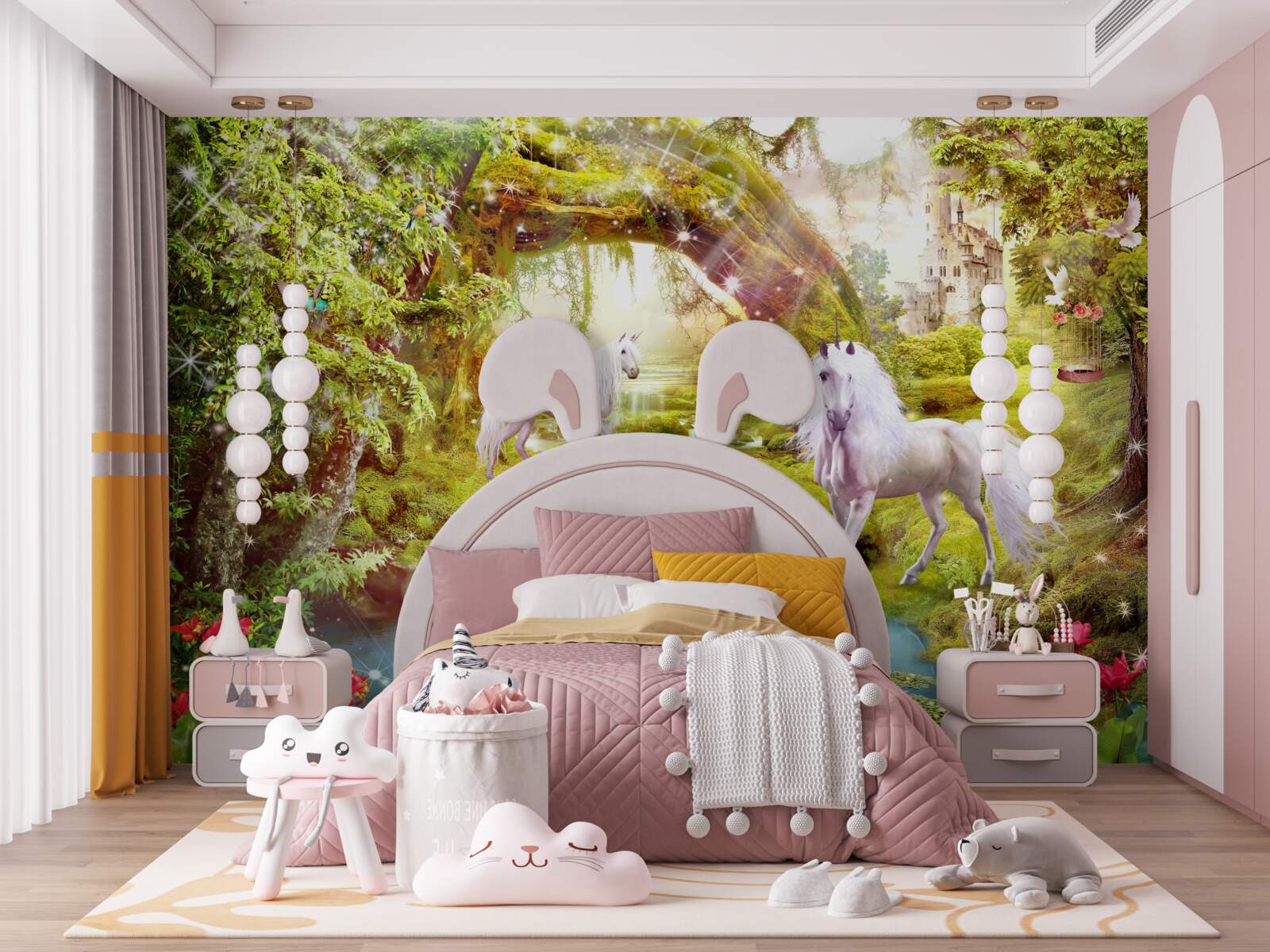 Fototapeta białe jednorożce w pobliżu jeziora w lesie