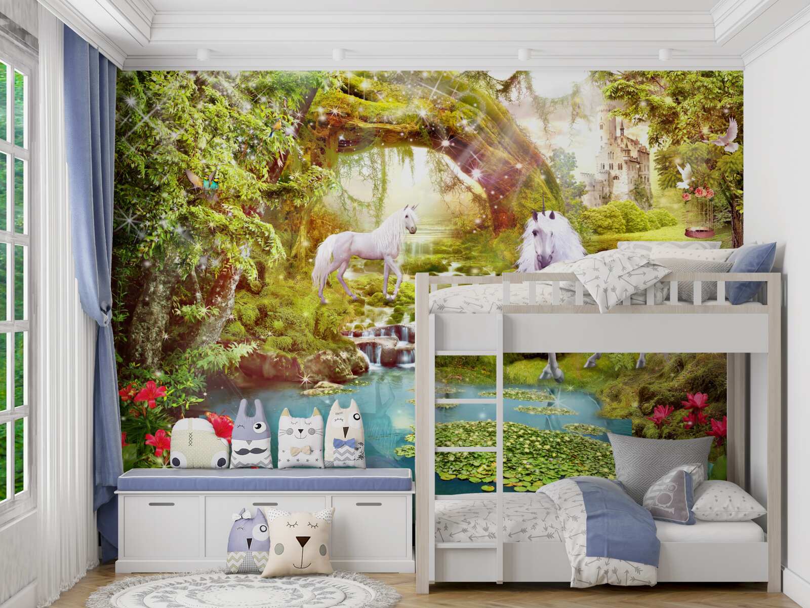 Fototapeta białe jednorożce w pobliżu jeziora w lesie