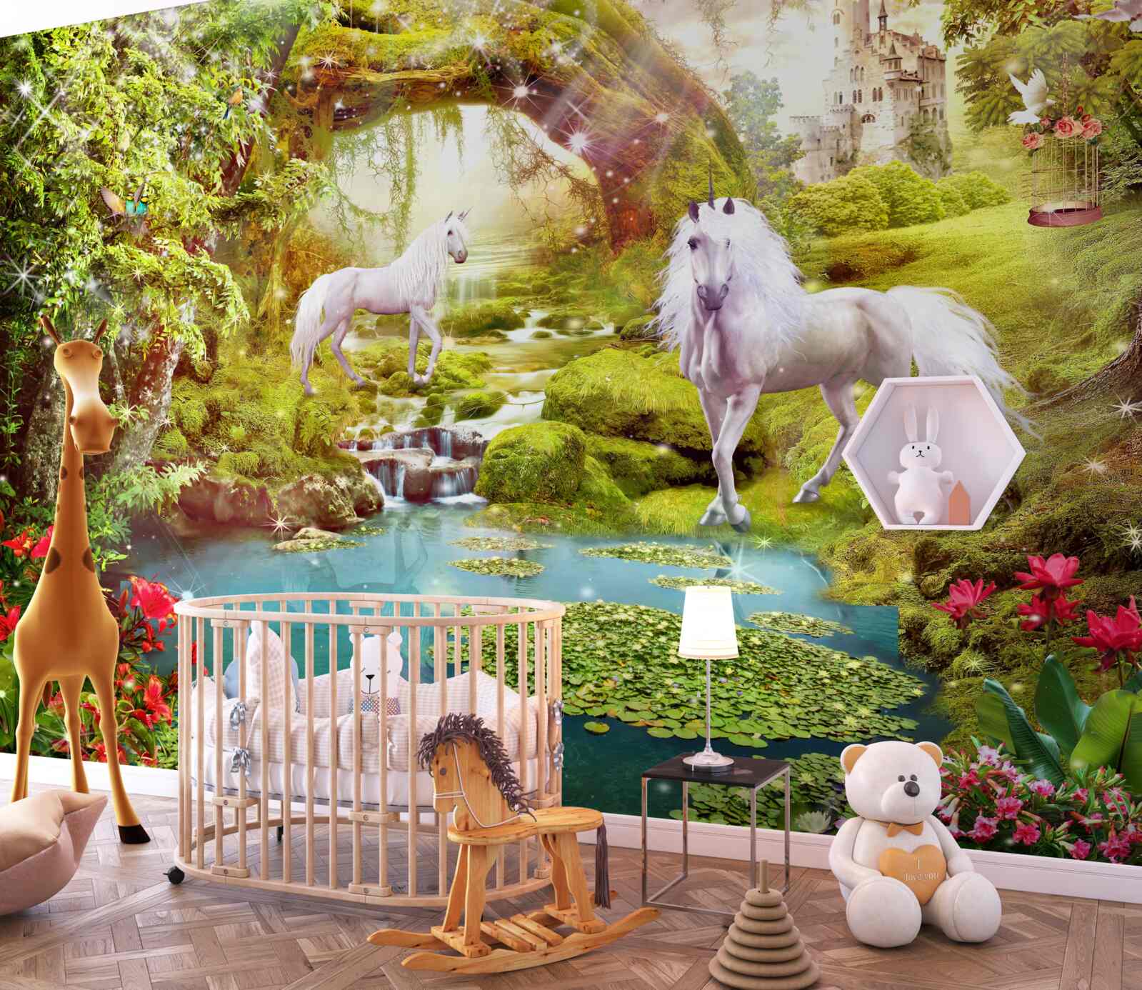 Fototapeta białe jednorożce w pobliżu jeziora w lesie