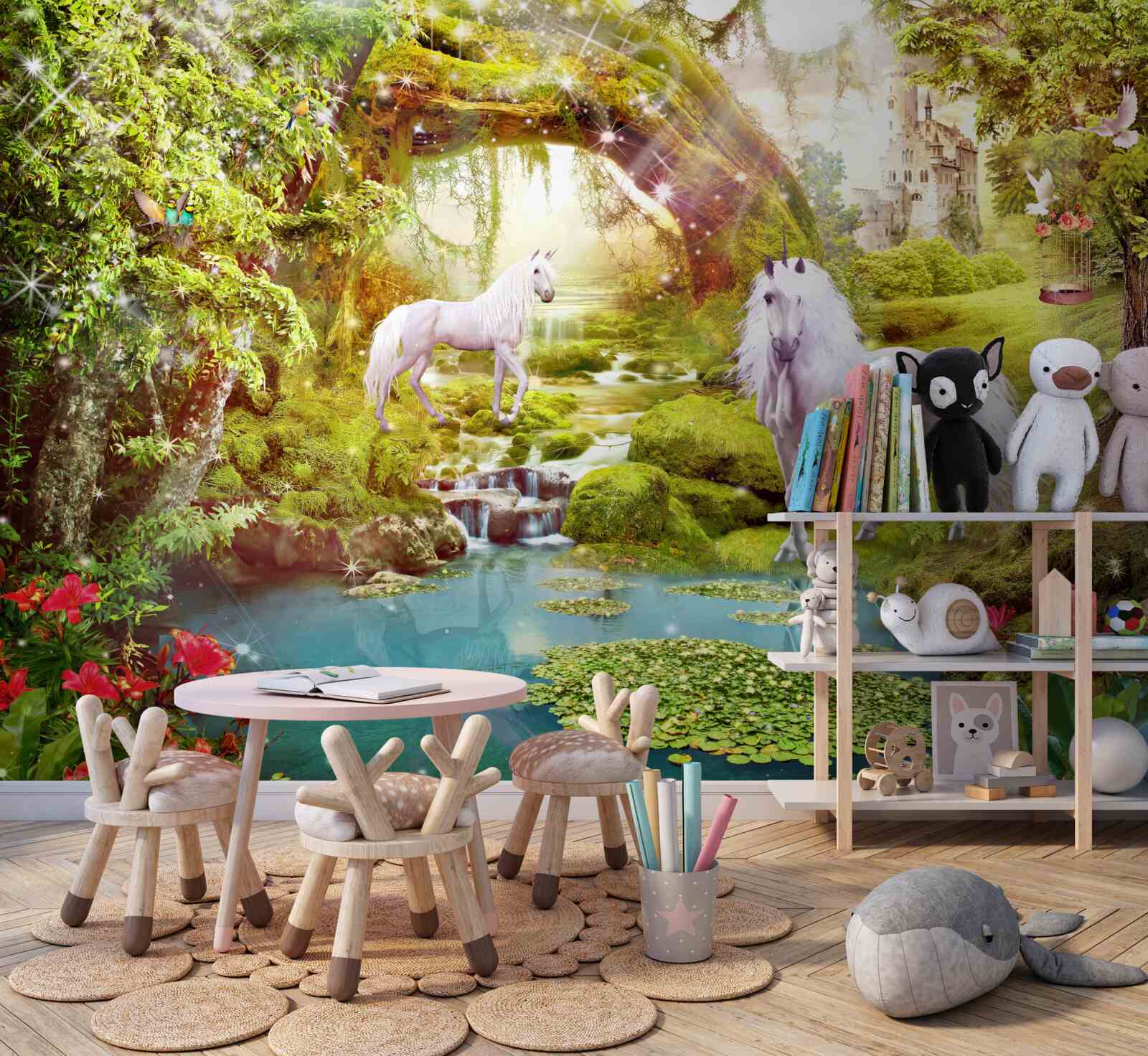 Fototapeta białe jednorożce w pobliżu jeziora w lesie